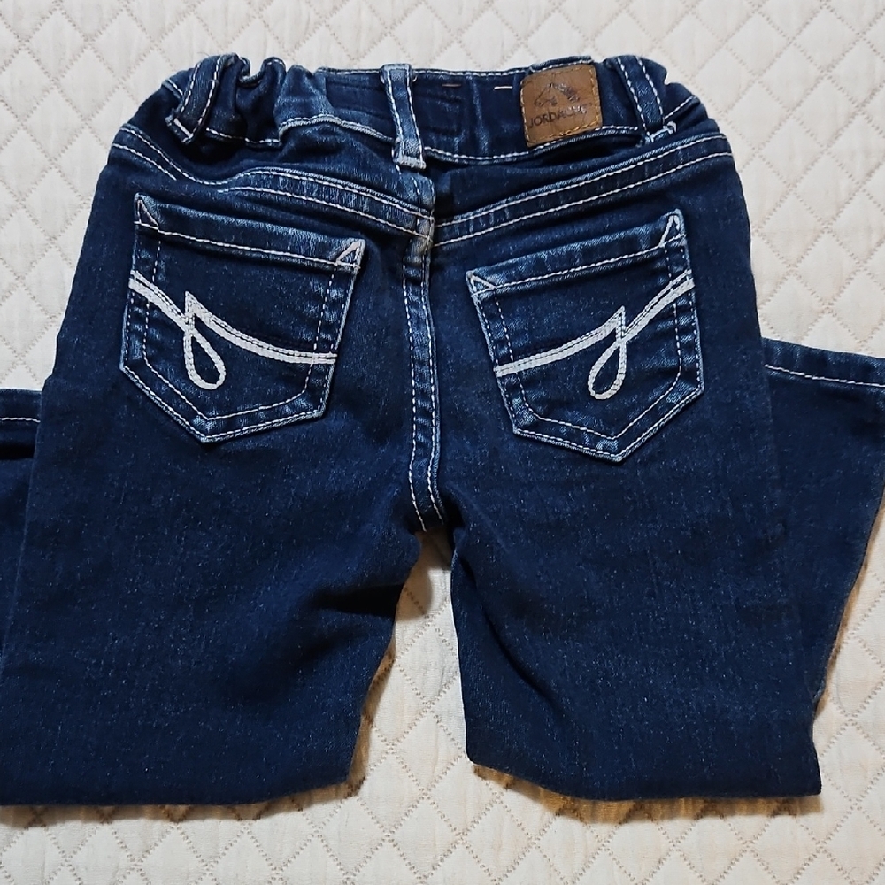 Jordache Blue Denim Bell Bottom Jeans with White Accents, Size 2T